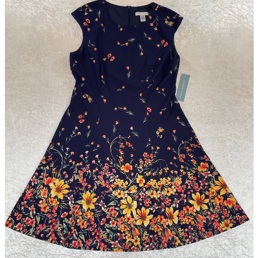 London Times Floral Fit & Flare Dress Women 12 Navy Blue NWT Sleeveless